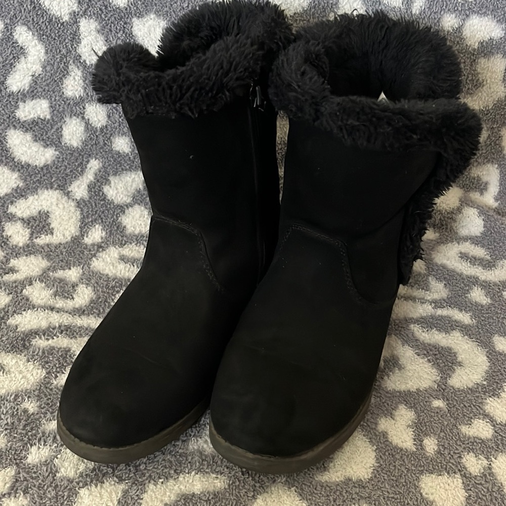 Cat & Jack Girls Katrina Winter Ankle Boots Black Faux Fur Lined Zip Round Toe